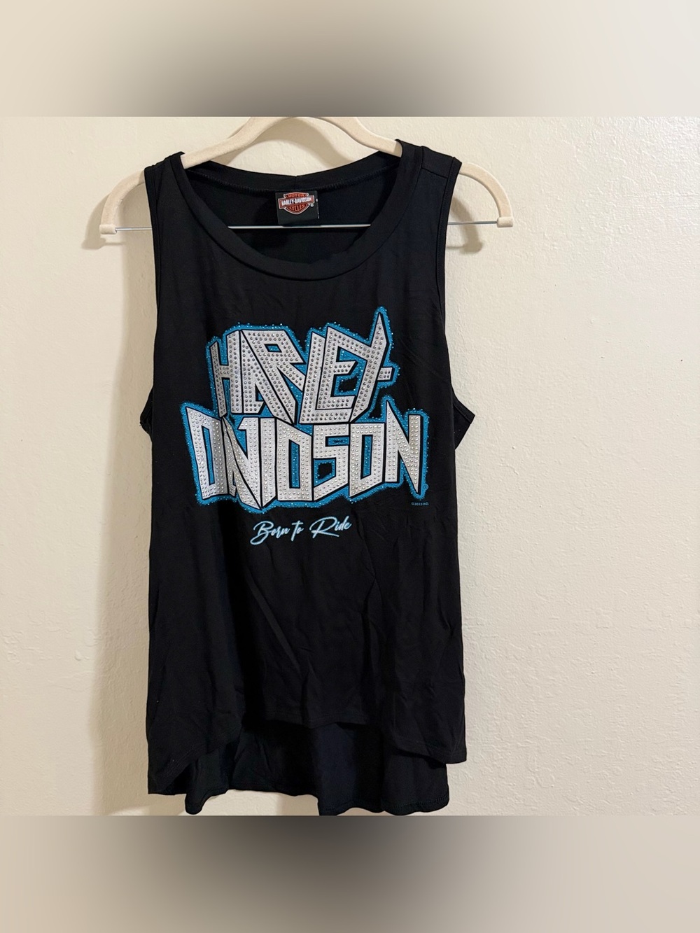 Harley-Davidson Bling Rhinestone Tank Top Medium High Low Teal Blue Born To Ride